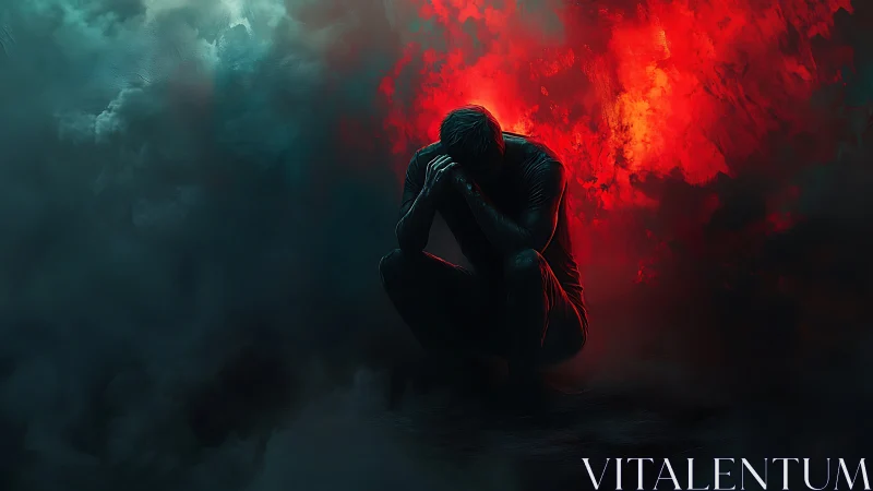 Crouched ember soul amid storm-blackened sorrow clouds.