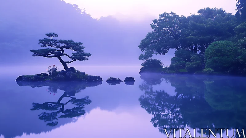 Misty lakeside bonsai and forest mirrored in violet dawn.