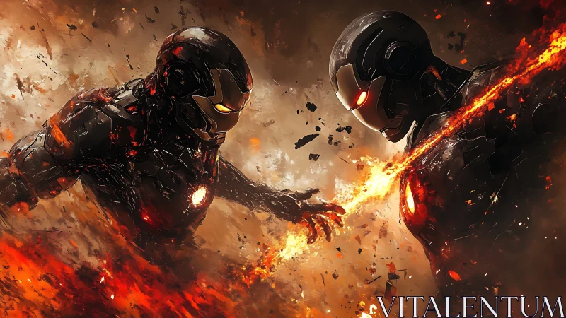 Armored combat robots clash amid molten debris and fire