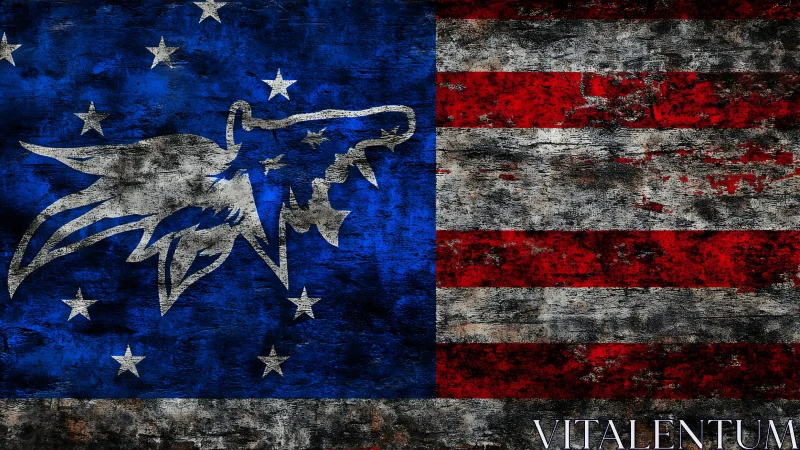 Distressed American flag with abstract eagle emblem overlayed.