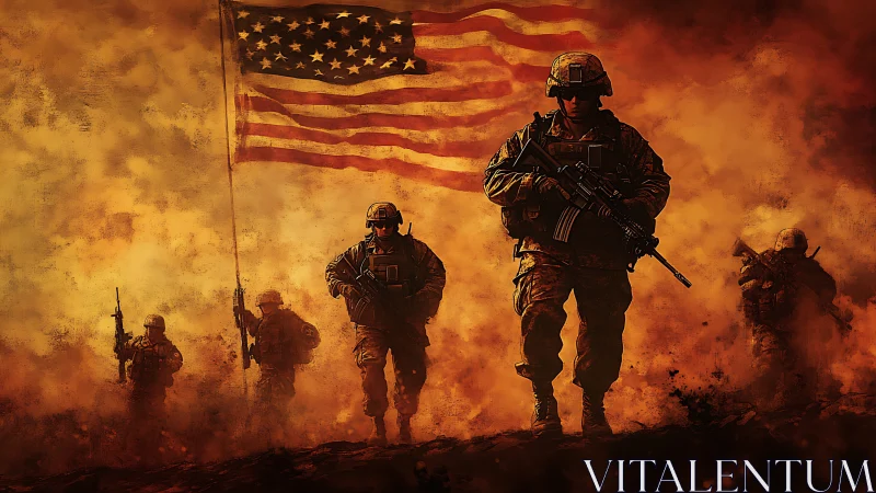 US soldiers advancing through smoke with American flag backdrop