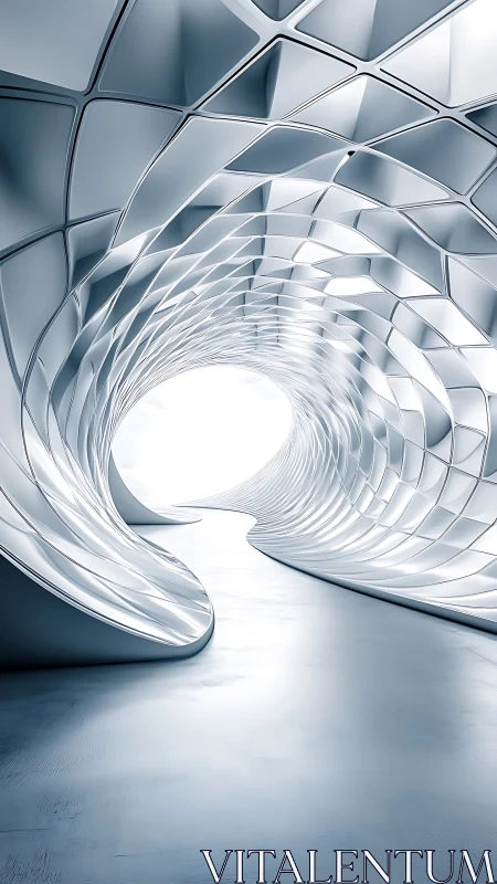 White metallic spiral tunnel with geometric segmented ceiling design and bright center opening