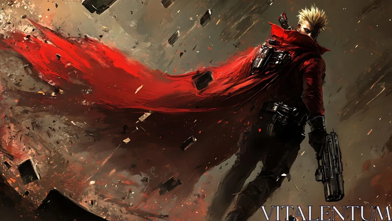 Red‑coated gunfighter strides through debris field storm.