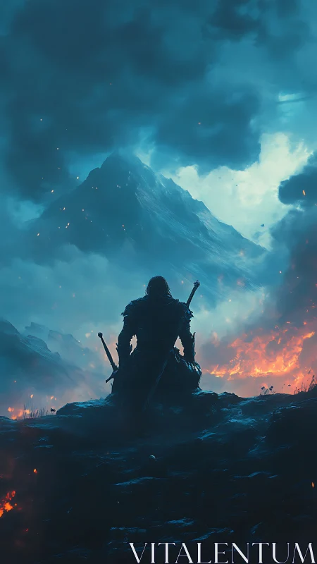 Lone warrior resting between stormlit peak and rising fire.