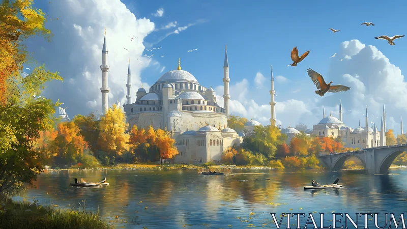 Autumn minarets kiss the sky above a dreaming river city.