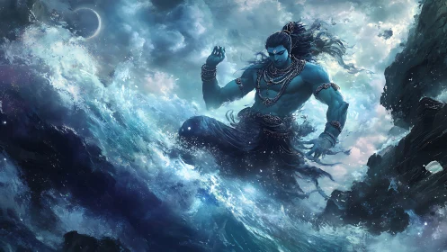 Mythic blue sea god commanding raging storm waves.