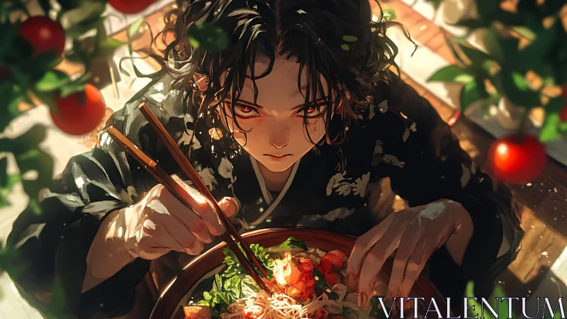 Young person in patterned robe eats noodles under tomato vines