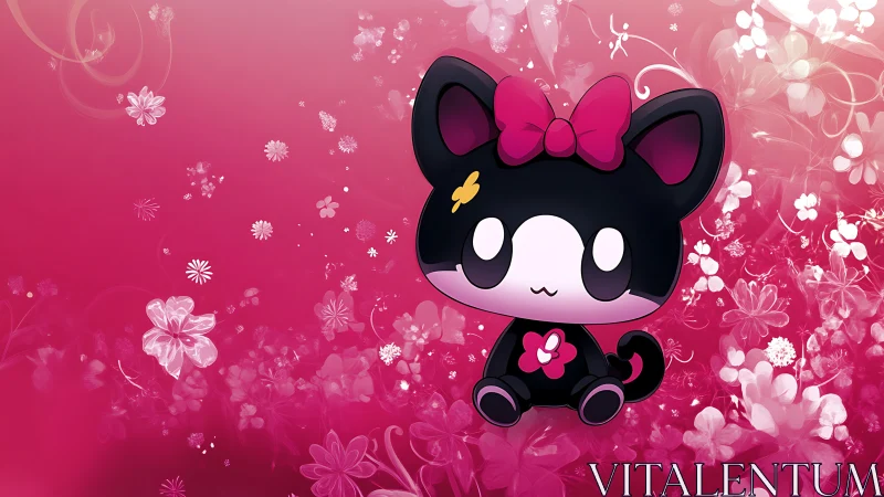 Cute black chibi cat floats in a dreamy pink floral glow