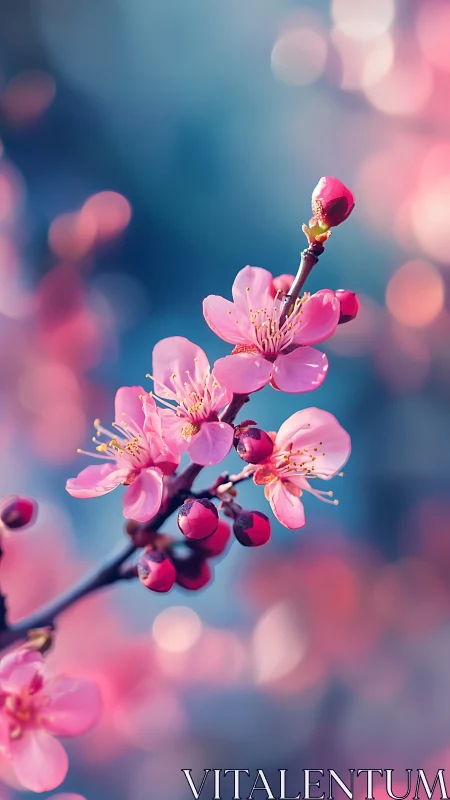 Pink Cherry Blossoms Dance Against Dreamy Blue Bokeh
