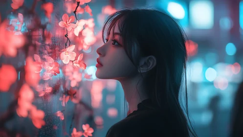 Side profile girl studies neon blossoms in soft bokeh glow