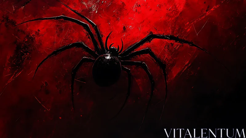 Blood-red void framing shadowy spider silhouette painting.