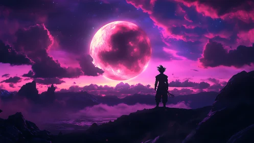 Lone warrior under colossal neon moonlit cosmoscape.
