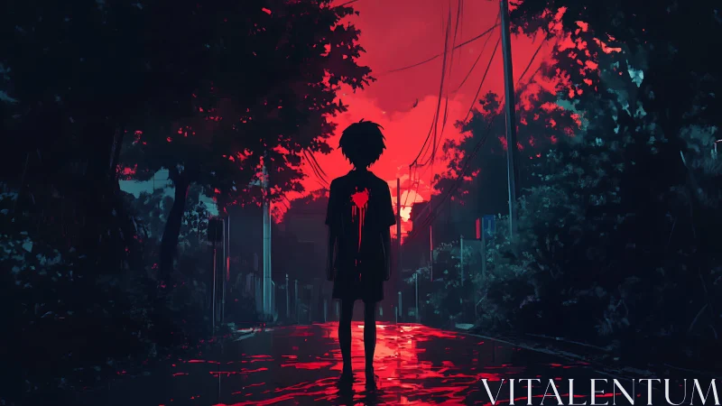 Crimson twilight walk with a quiet silhouette dreamer.