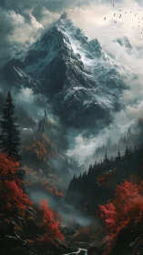 Snow-covered peak above misty valley and red forest.