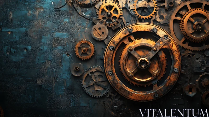 Rustic mechanical gear assembly against textured teal wall.