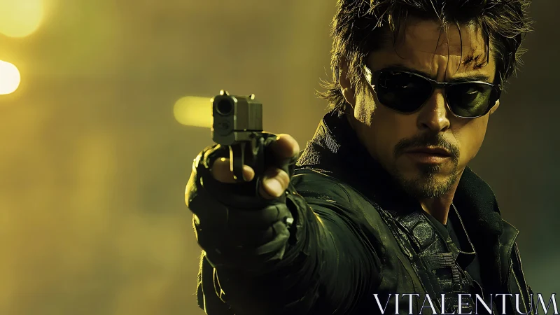 Armed agent in tactical gear aims pistol toward camera lens