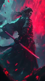 Samurai warrior in crimson light with dynamic brushwork.