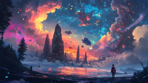 Distant rocky spires under luminous multicolored cosmic sky.