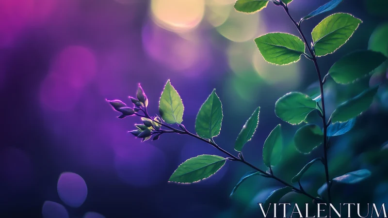 Macro foliage branch with bokeh in violet teal backlighting