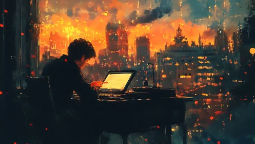Focused writer at desk before burning city skyline.