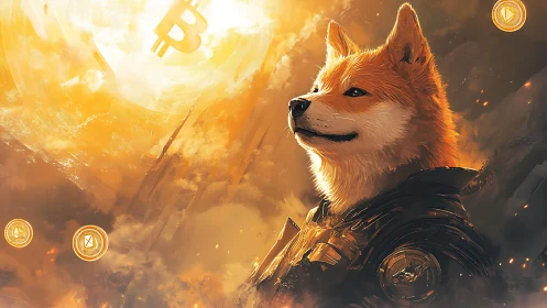 Digital painting of armored Shiba Inu with crypto halo emblem.