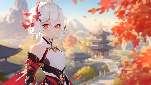 Autumn warrior gazes over tranquil temple gardens at dusk