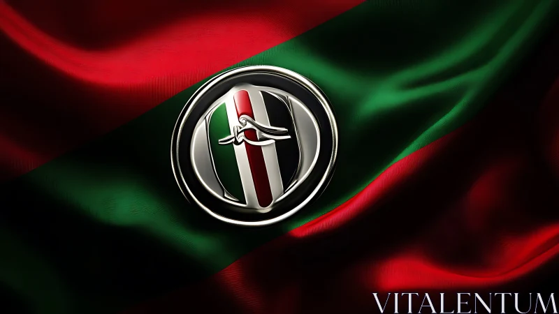 Chrome emblem on red and green satin flag background.