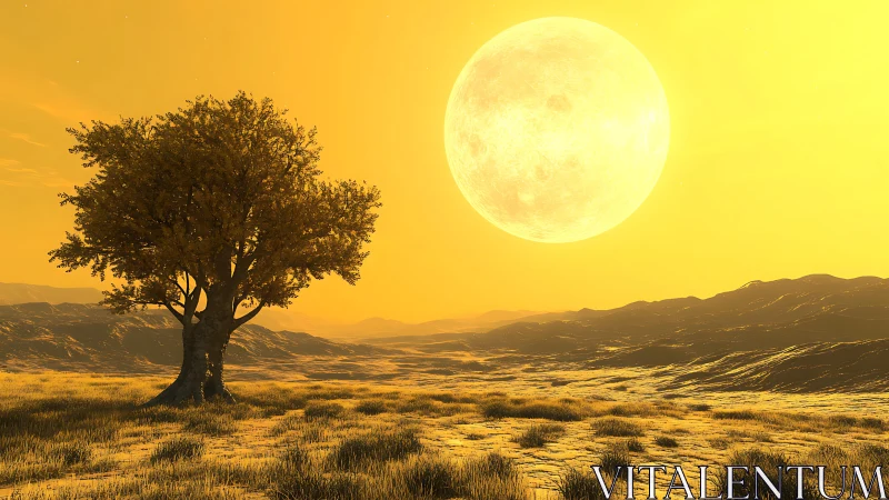 Lone savanna tree under oversized lunar disk at golden dusk.