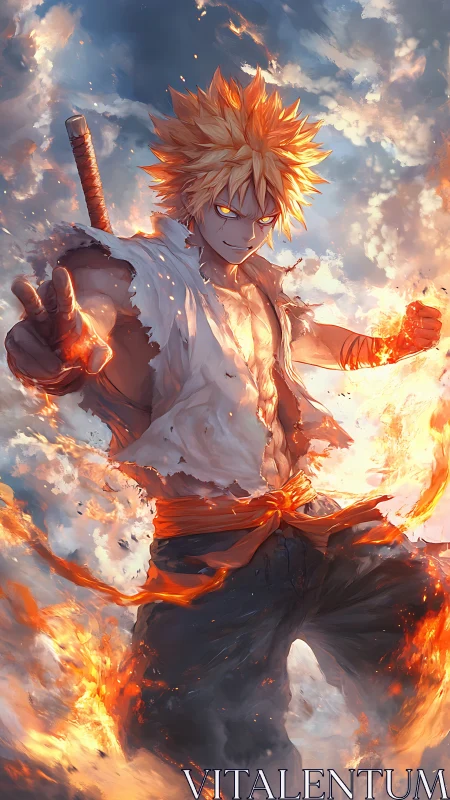 Flaming warrior grins as sky-scorching embers answer his call