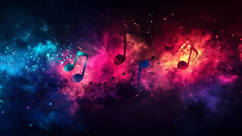Abstract digital composition with music notes and nebula colors.