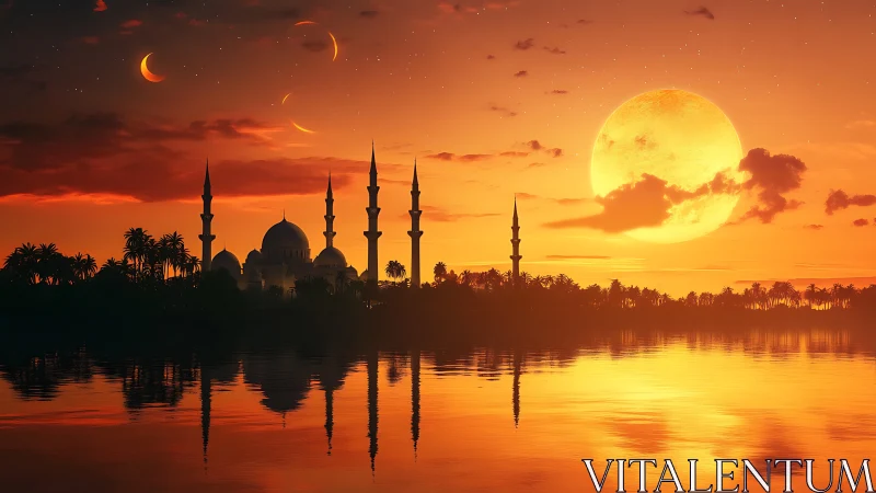 Mosque silhouette under giant moon and orange sunset sky.