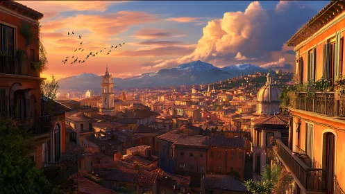 Digital cityscape shows dense rooftops under sunset sky