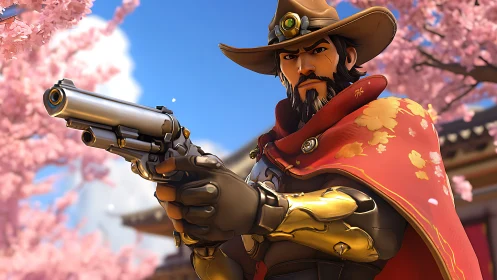 Stylized cyber cowboy aims revolver under cherry blossoms.