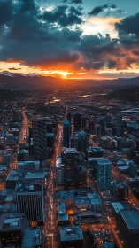 Sunlit storm clouds blaze above a glowing evening city grid