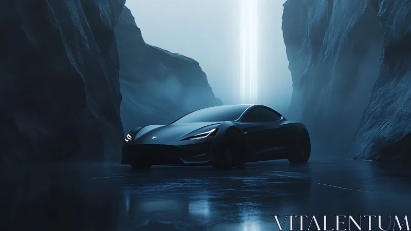 Black sports car is positioned on wet ground between rock walls