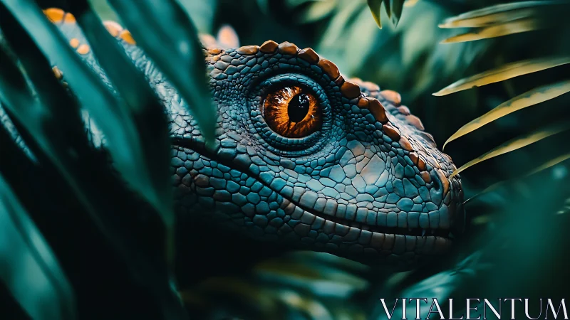 Jungle raptor gaze burning through neon emerald leaves.