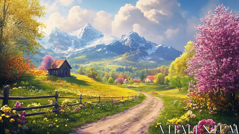 Mountain valley path with spring flowers and cottages.