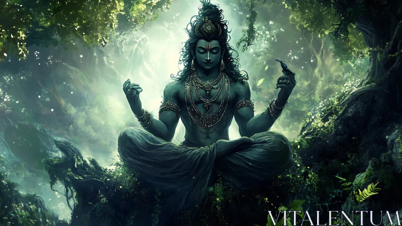 Forest yogi deity levitates in luminous emerald stillness.