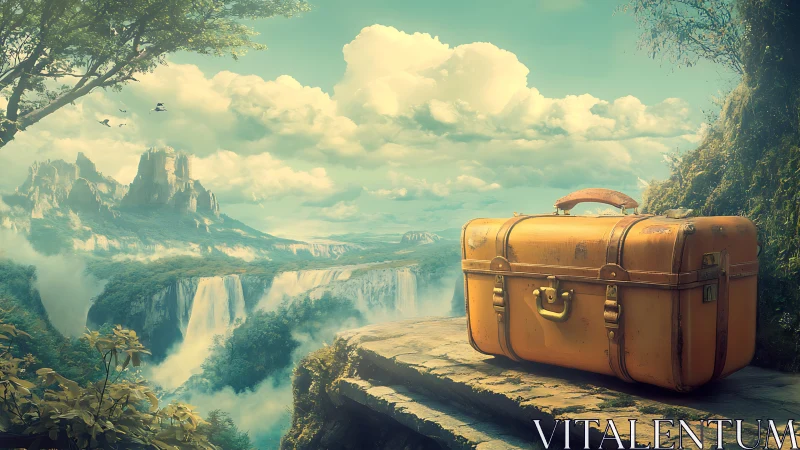 Vintage suitcase overlooks dreamy waterfalls and misty cliffs
