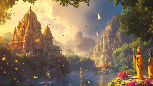 Digital riverside temple scene depicts figures in ritual