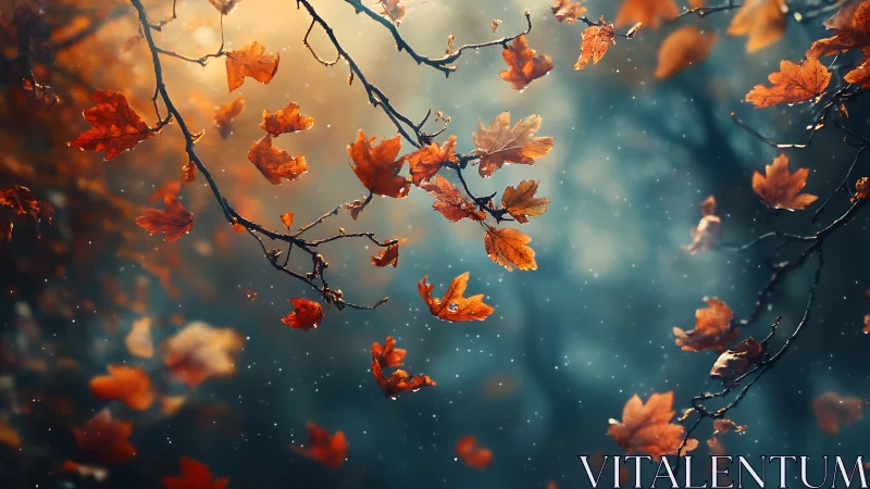 Golden autumn leaves drifting softly through blue dusk.