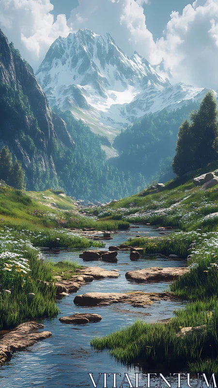 Snowbound alpine massif with meadow stream in axial perspective.