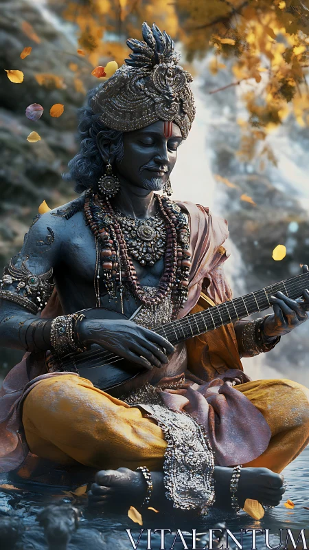Photorealistic divine musician in embellished meditative pose.