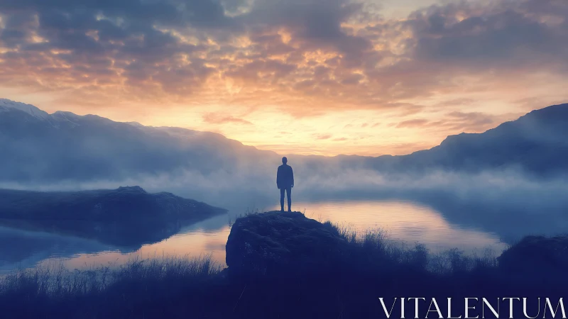 Silhouette on lakeside rock under misty sunrise sky.