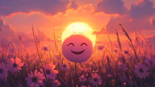 Smiling sun friend rising over a dreamy wildflower meadow.