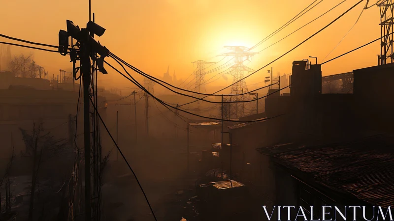 Sunset backlights dense power lines over industrial rooftops
