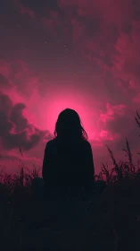 Silhouetted figure contemplates a neon magenta twilight sky.