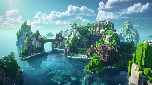 Floating Island Archipelago: Minecraft-Rendered Voxel Landscape.