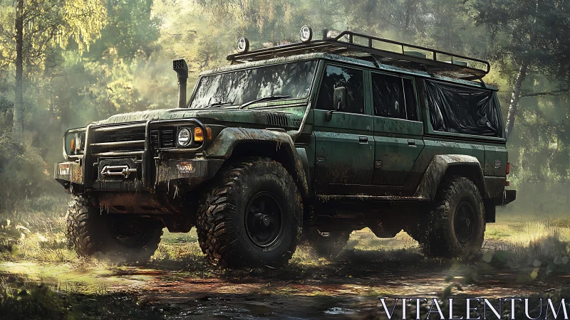 Heavily modified 4x4 overland SUV in wet forest clearing