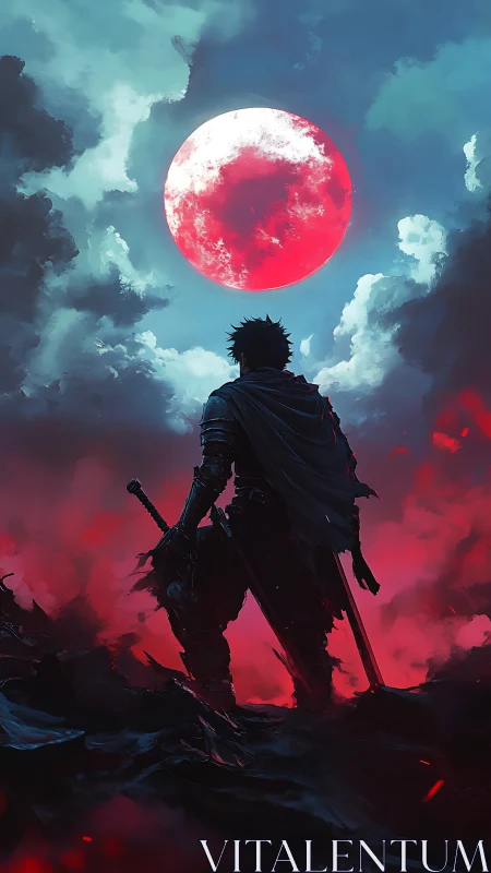 Digital painting of lone swordsman under crimson eclipse sky.